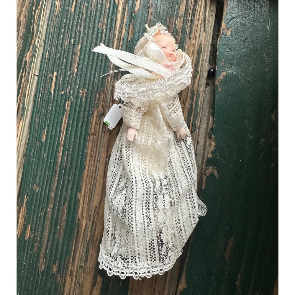 Vintage Porcelain Baby Doll Ornament Lace Christening Gown White Bisque Mini